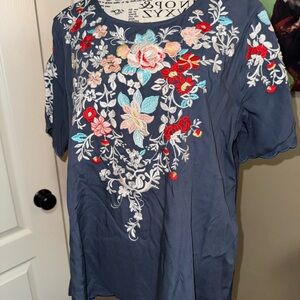 ANDREA FENZI Navy Floral Embroidered Blouse